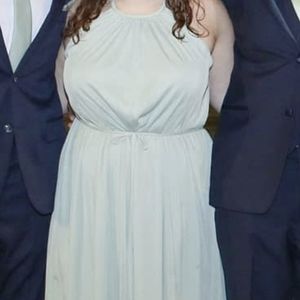 Dusty Sage lose fitting bridesmaids dress with belt. Size 14. Azazie.